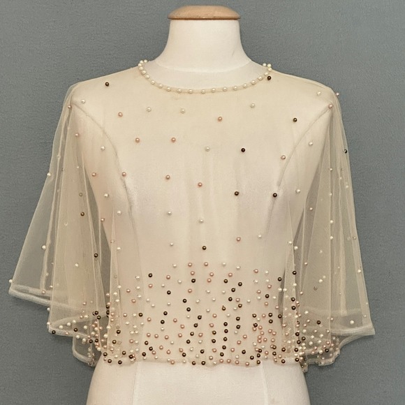 Charlie RSVP Ivory Pearl Embellished Sheer Capelet Top Women OS Dainty Fairy - Picture 2 of 10